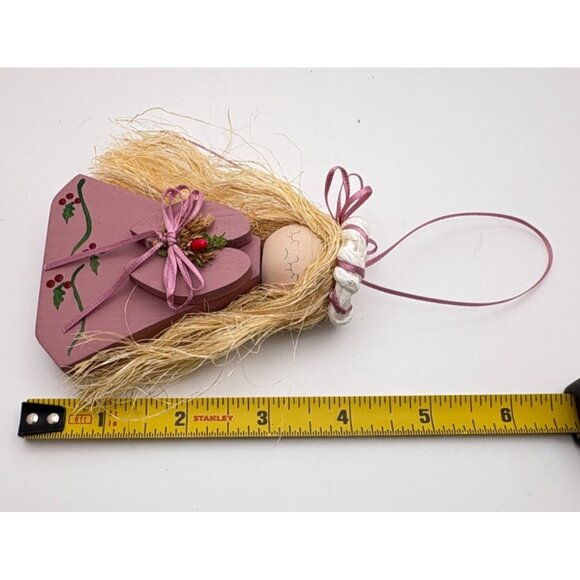 Handcrafted Wooden Angel Christmas Ornament Straw Hair with Bouquet Wood Block - Picture 3 of 7